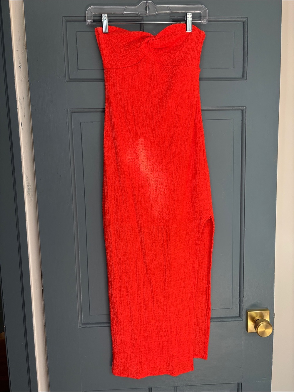 wild fable Strapless Red Maxi Dress with Side Slit